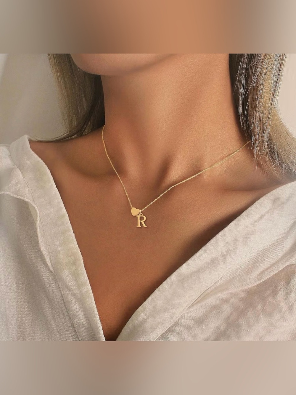 R Initial Heart Necklace 18K Gold Plated with Pouch
